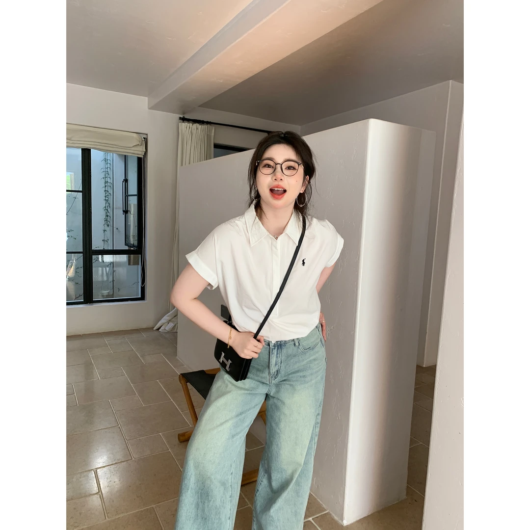M5T6微胖 高干文女主/松弛感老钱风气质小飞袖衬衫大码短袖衬衣