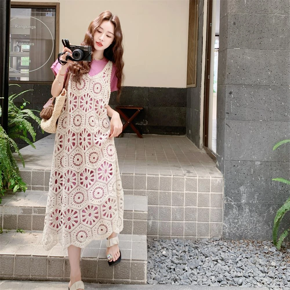 玫粉色勾花罩衫T恤连衣裙女夏2025新款绝美流行超火两件套休闲