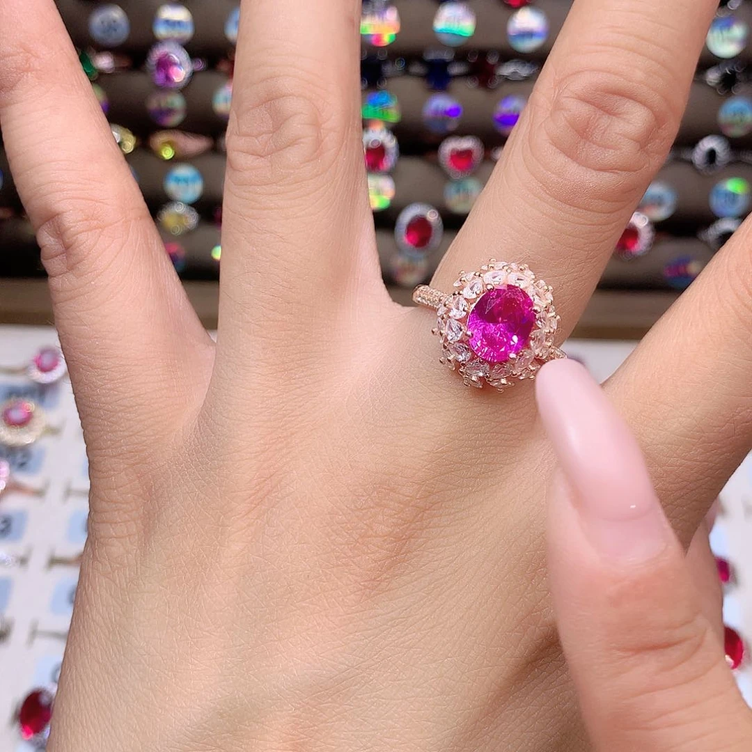 蓝宝石戒指银S925镶嵌玫瑰金 火龙果色