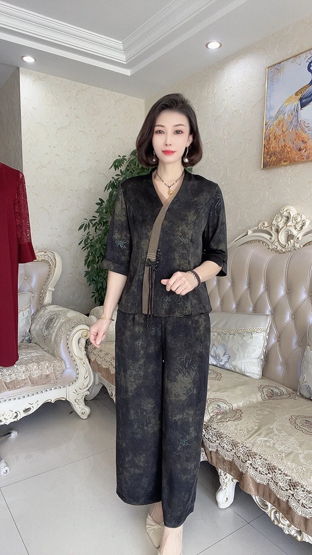 轻奢夏季新款国风古韵富贵竹提花两件套套装（上衣+裤子）