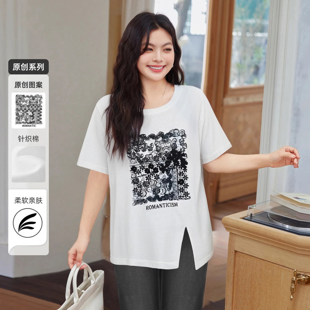 【原创烫钻蕾丝印花】MsShe大码女装2025秋开叉宽松短袖T恤B2505051