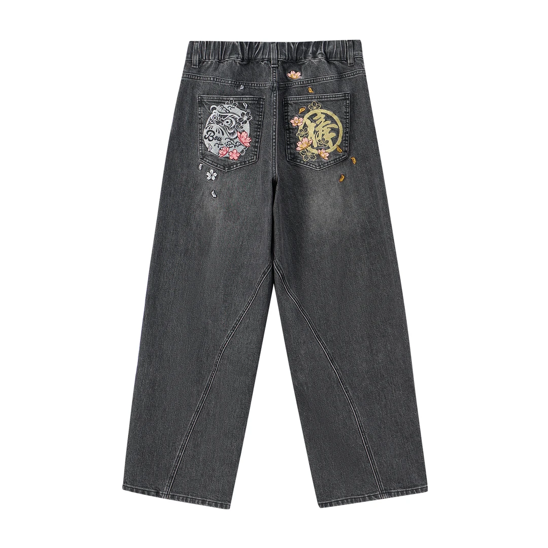 ONIARAI/鬼洗25新品棒系列达摩樱花刺绣廓形直通牛仔裤25N4409