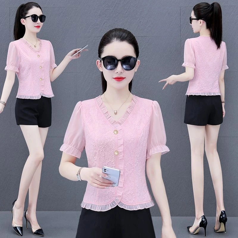 百搭裙子的漂亮收腰小衫女短款短袖夏季独特别致上衣显瘦雪纺衬衫