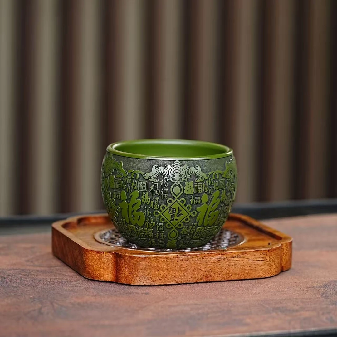 宜兴原矿紫砂绿泥全手工刻绘百福主人杯高端品茗杯