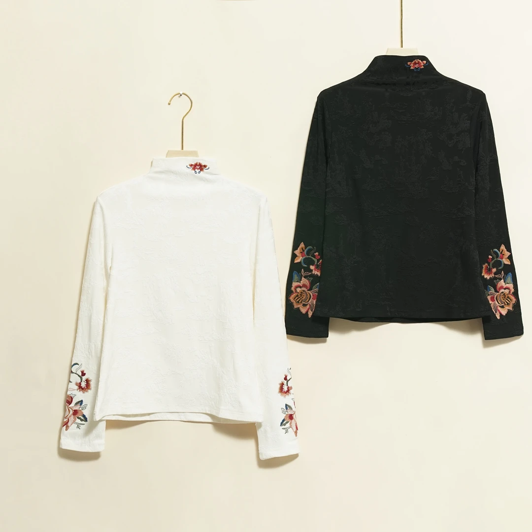 【北派丝府】新中式国风时尚半高领牡丹刺绣袖口刺绣加绒小衫（D051）