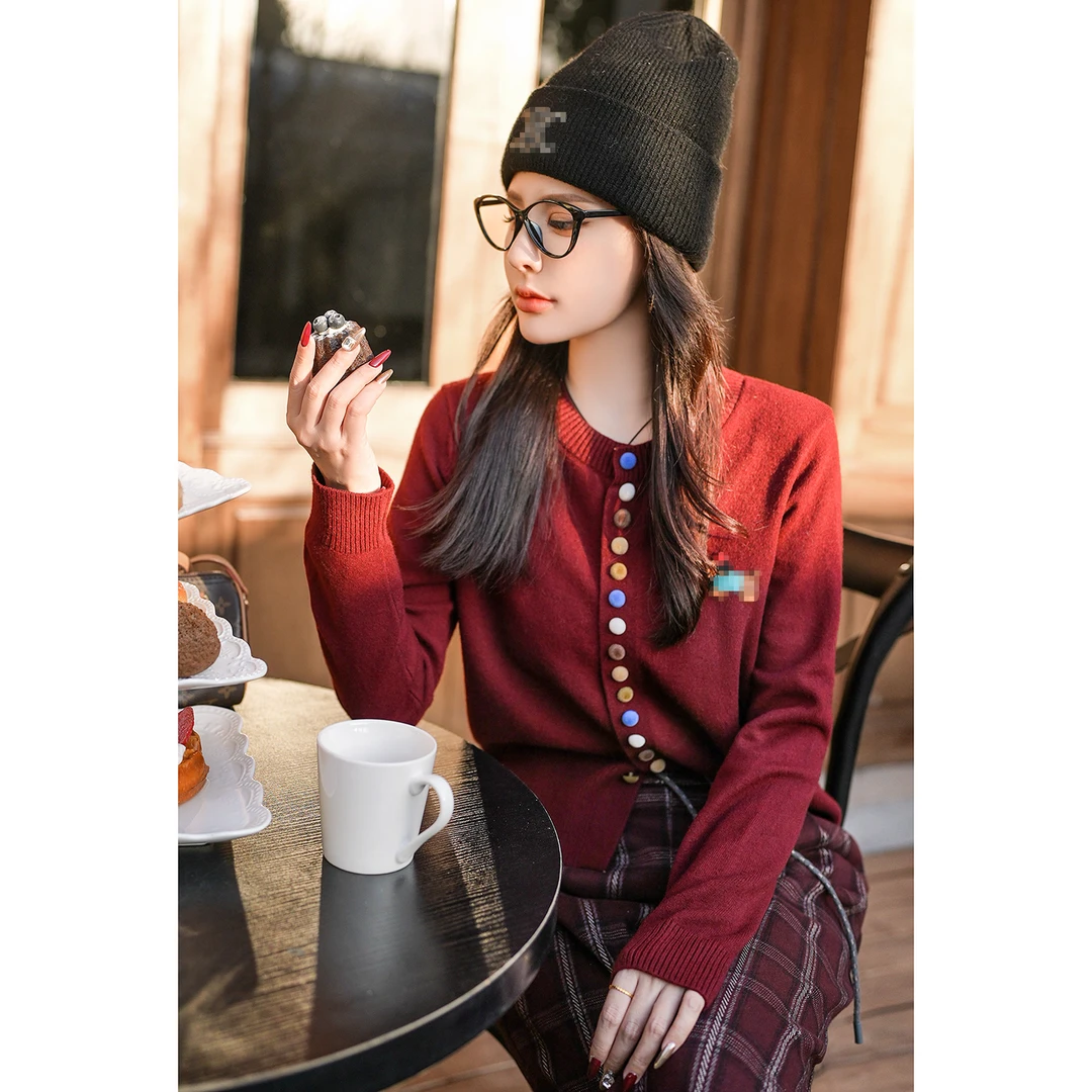 安可拉红秋冬设计感长袖时尚纯色百搭毛衣上衣L043