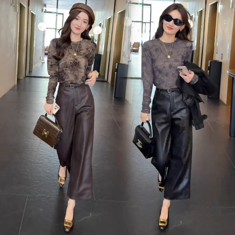 时尚套装女2025秋季新款洋气显瘦长袖打底衫皮裤阔腿裤气质两件套