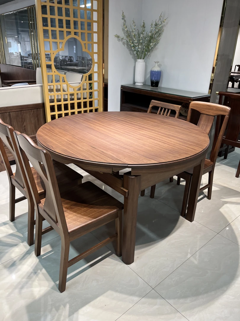 新中式风格全实心全实木餐桌可方可圆家用圆餐桌吃饭桌子