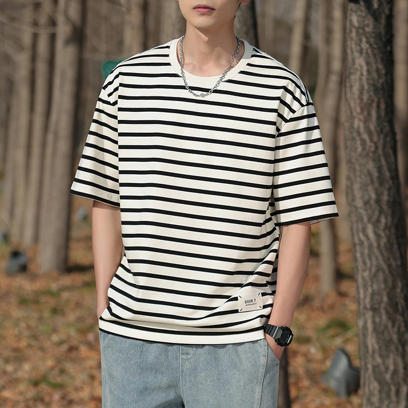 夏季薄款男士圆领短袖T恤宽松撞色t恤条纹体恤复古潮流半袖上衣男