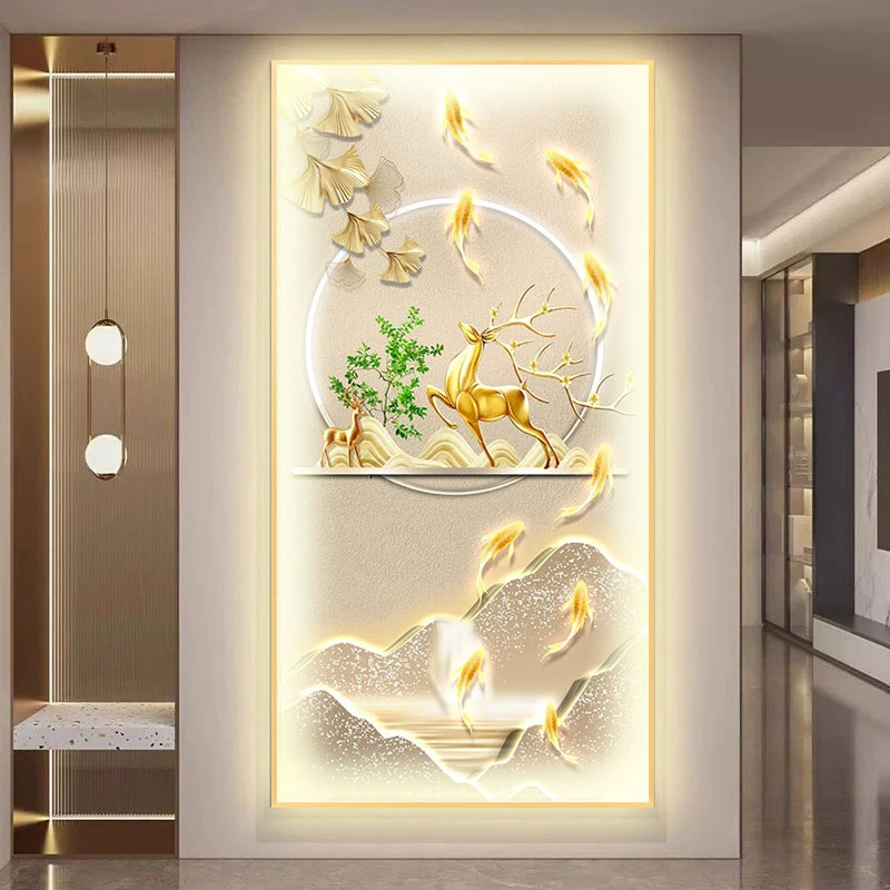 福禄山水带灯麋鹿现代轻奢玄关装饰画走廊金色福鹿镶钻竖版壁画