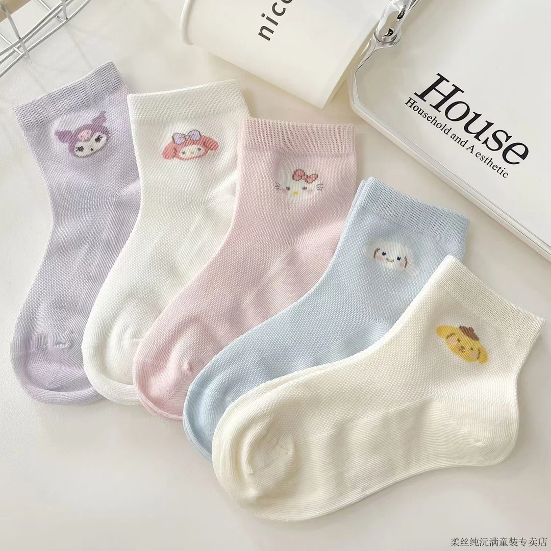 夏季清爽女童薄款网眼卡通动漫棉袜三丽鸥女孩可爱学生透气袜短袜