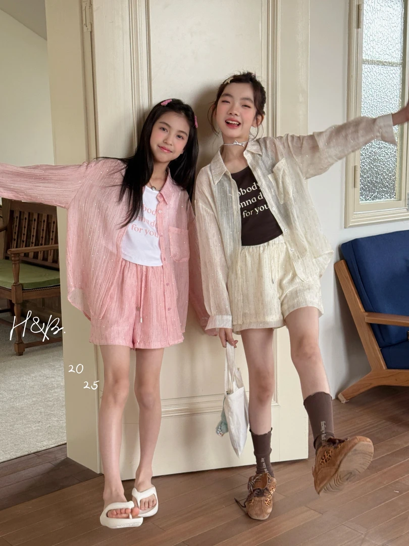 女童夏季短裤+背心+防晒外套2025新款儿童童装三件套