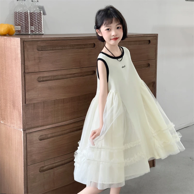 女童夏季连衣裙2025新款洋气时尚纯色无袖裙子6-12岁中大童公主裙