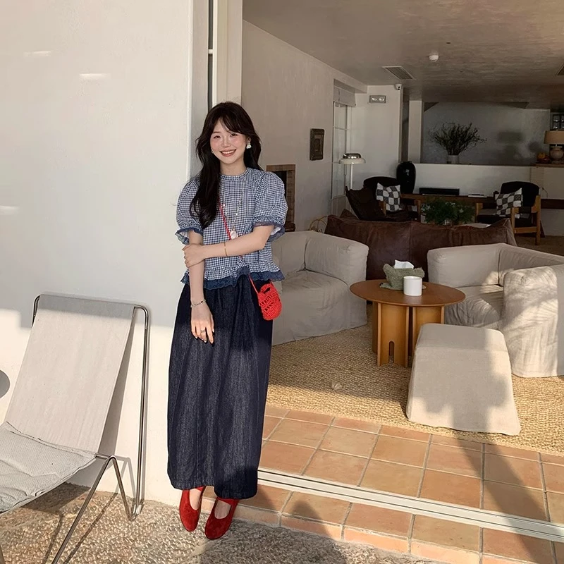 一三良品小个子 法式深蓝格子泡泡袖娃娃衫上衣衬衫套半身裙T5279