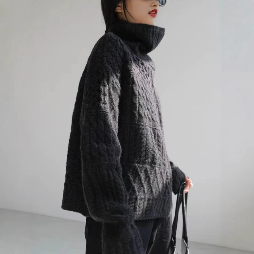 翻领麻花毛衣外套女25秋冬新款宽松慵懒风针织开衫厚羊毛衫上衣