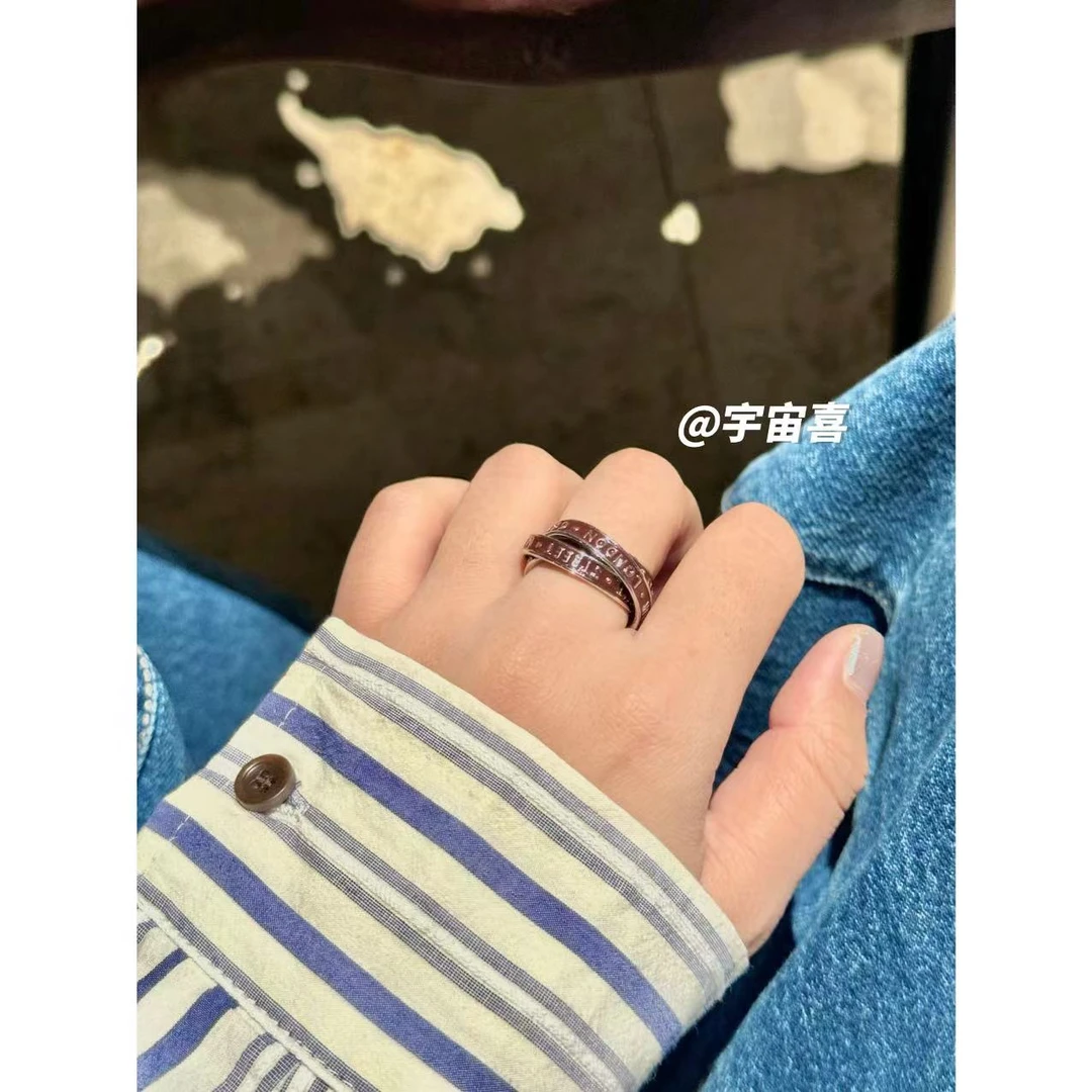 铜合金珐琅戒指 L3-068【三圈星球字母珐琅酒红银色底戒指】