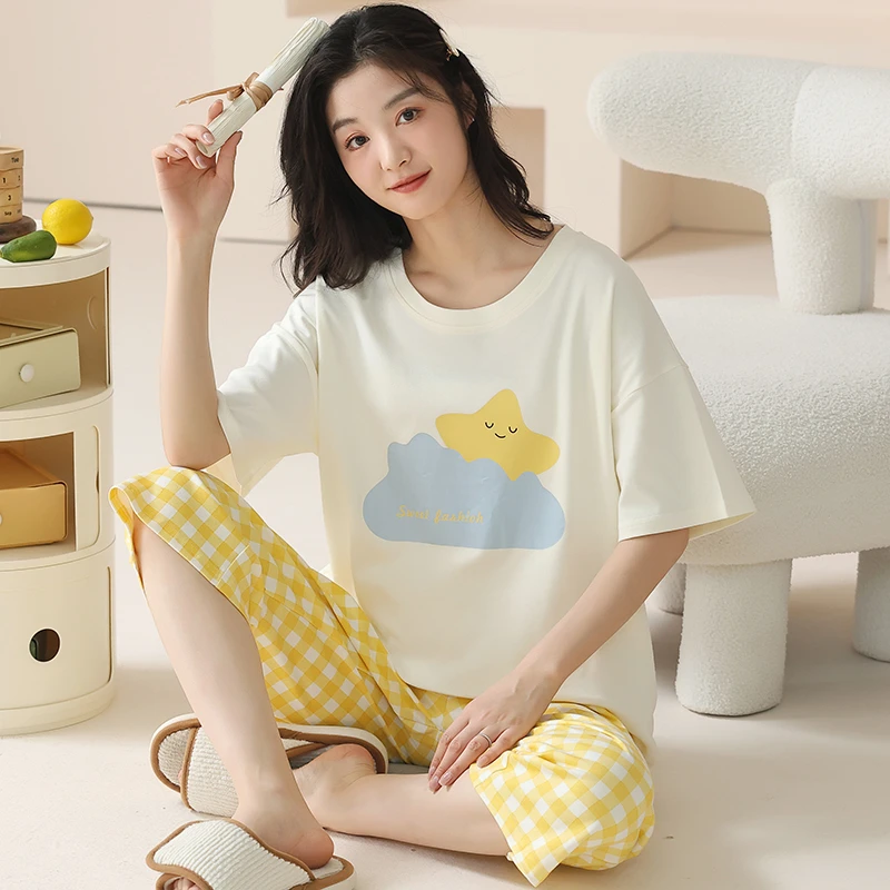 卡之恋夏季女士睡衣短裤云朵星星短袖七分裤家居服两件套