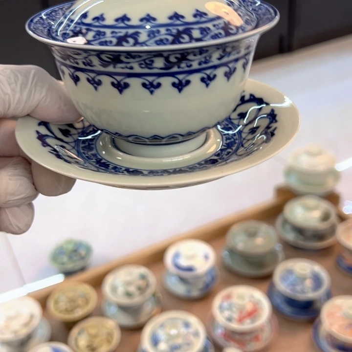 瓷片白青花宝相元宝盖碗全品