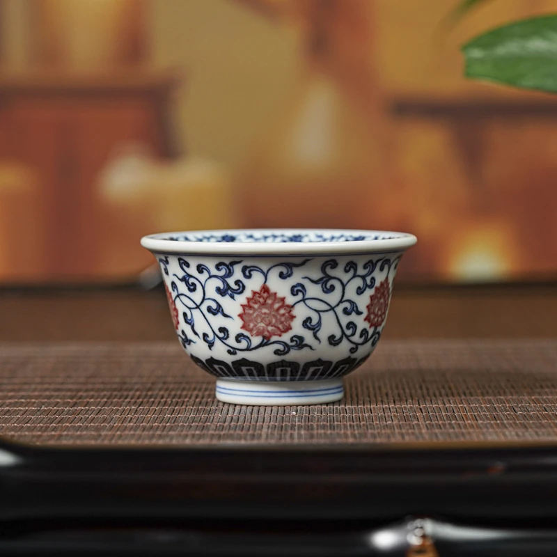 【小乔赏瓷】景德镇手工手绘司陶坊青花釉里红缠枝压手杯stf19.
