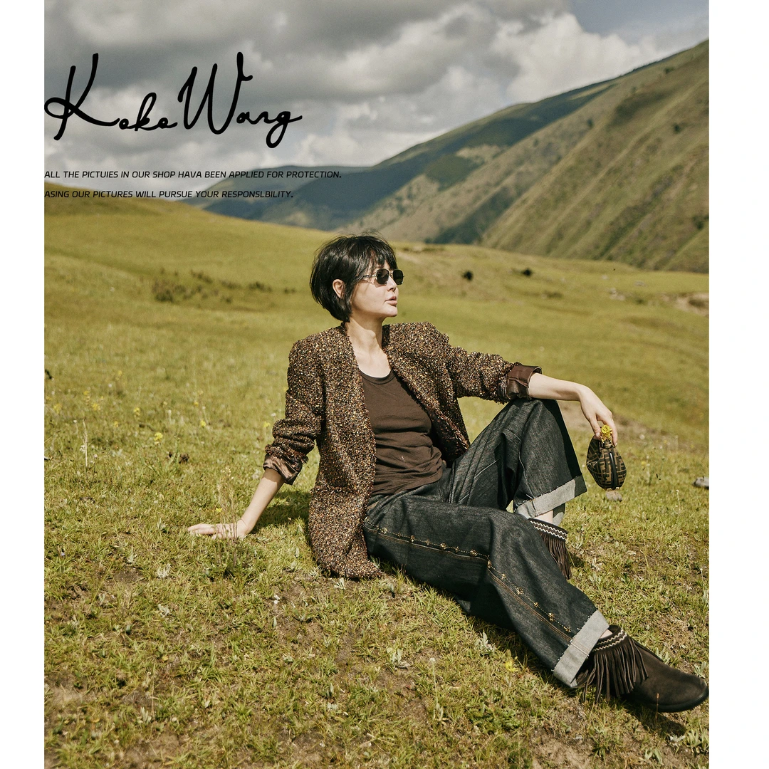 KOKOWANG琥珀流光系列气质织金小香风百搭羊毛V领外套N0015H02W01