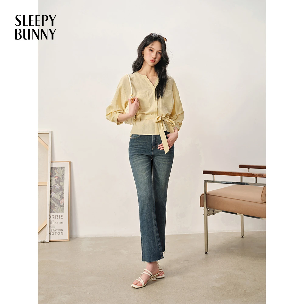 瞌睡兔 法式黄色收腰休闲宽松显瘦薄款中长袖落肩V领上衣505069