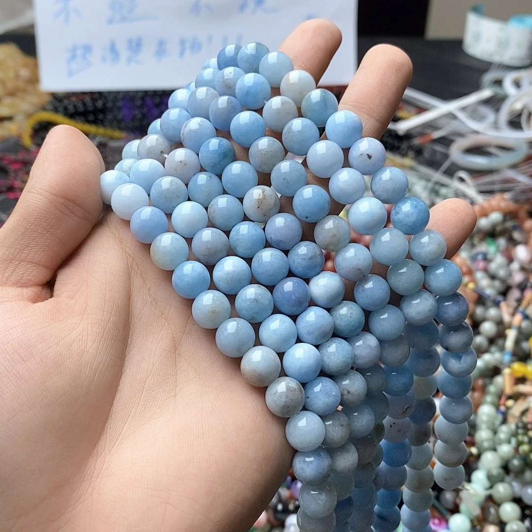 玛瑙/玉髓未镶嵌珠宝半成品一条天然10mm海蓝宝圆珠A98