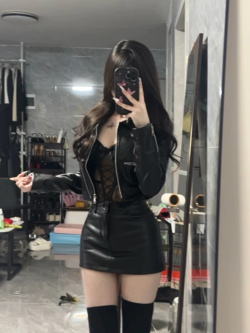 乖乖爱吃辣o|机车美式辣妹皮衣外套鱼骨蕾丝吊带包臀皮裙套装