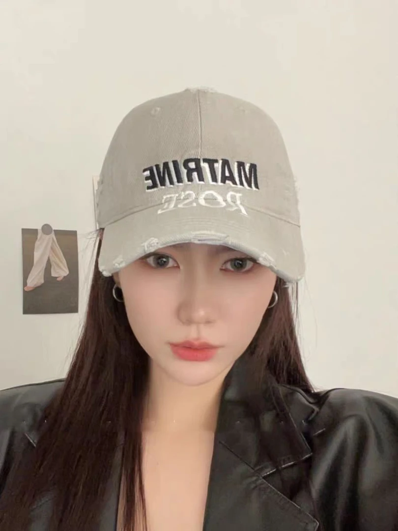 韩版做旧破洞棒球帽子女立体字母刺绣大头围春秋季显脸小鸭舌帽潮