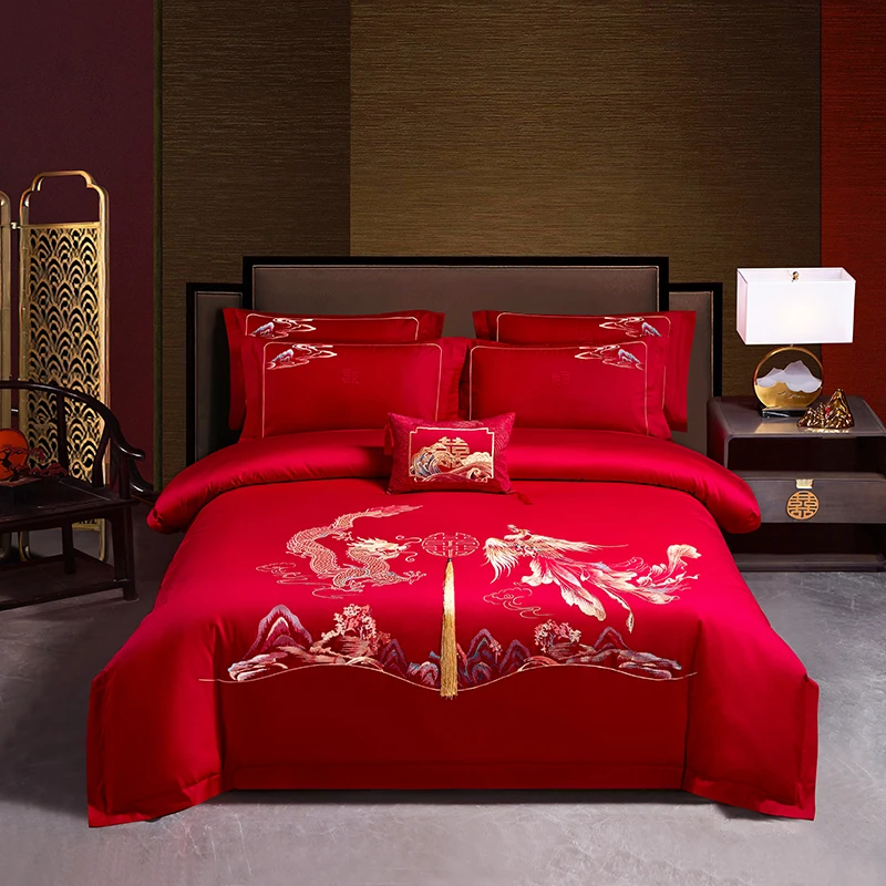 全棉婚庆纯棉四件套结婚简约国风大红刺绣绣花家纺被套床上用品