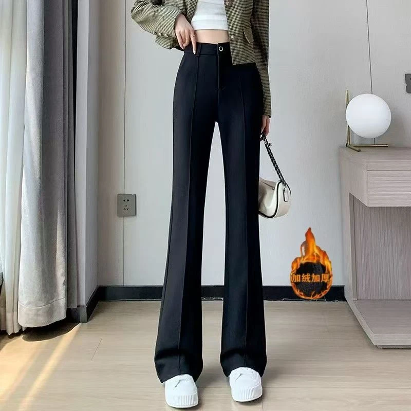 加绒微喇西装裤女秋冬2025新款高腰显瘦喇叭休闲裤加厚弹力长裤子