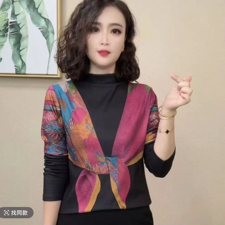 秋冬秋季新款减龄气质印花T恤长袖高领百搭上衣洋气时尚显瘦打底