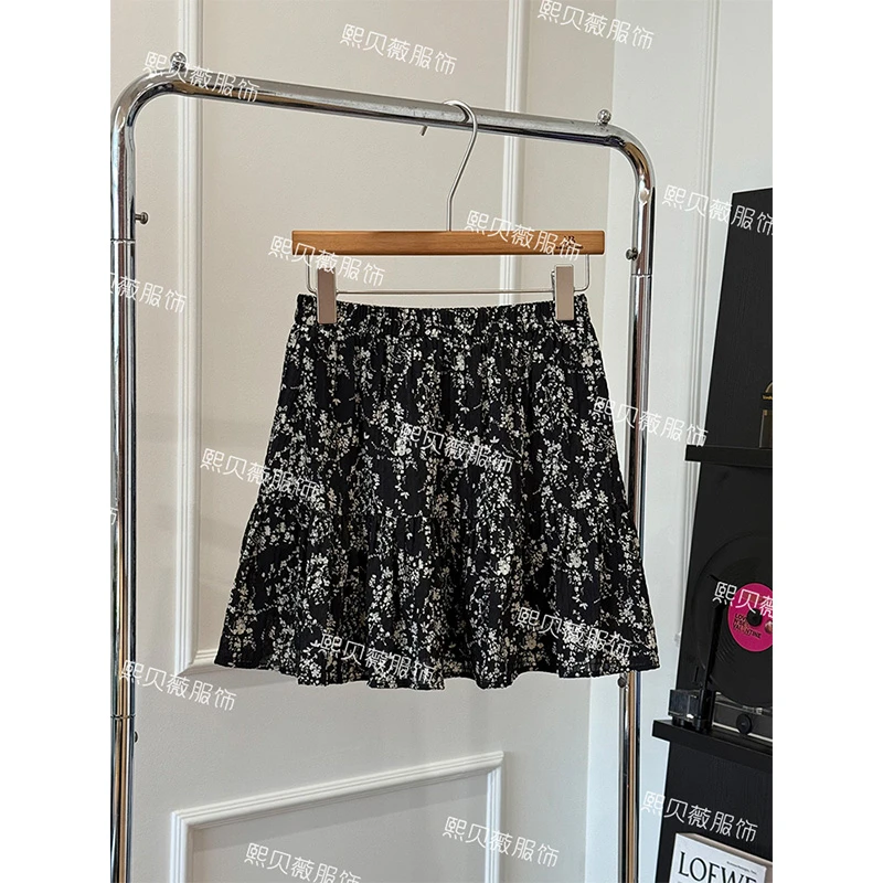 熙贝薇2 法式黑色碎花慵懒风夏季新款减龄显瘦半身裙 G7915