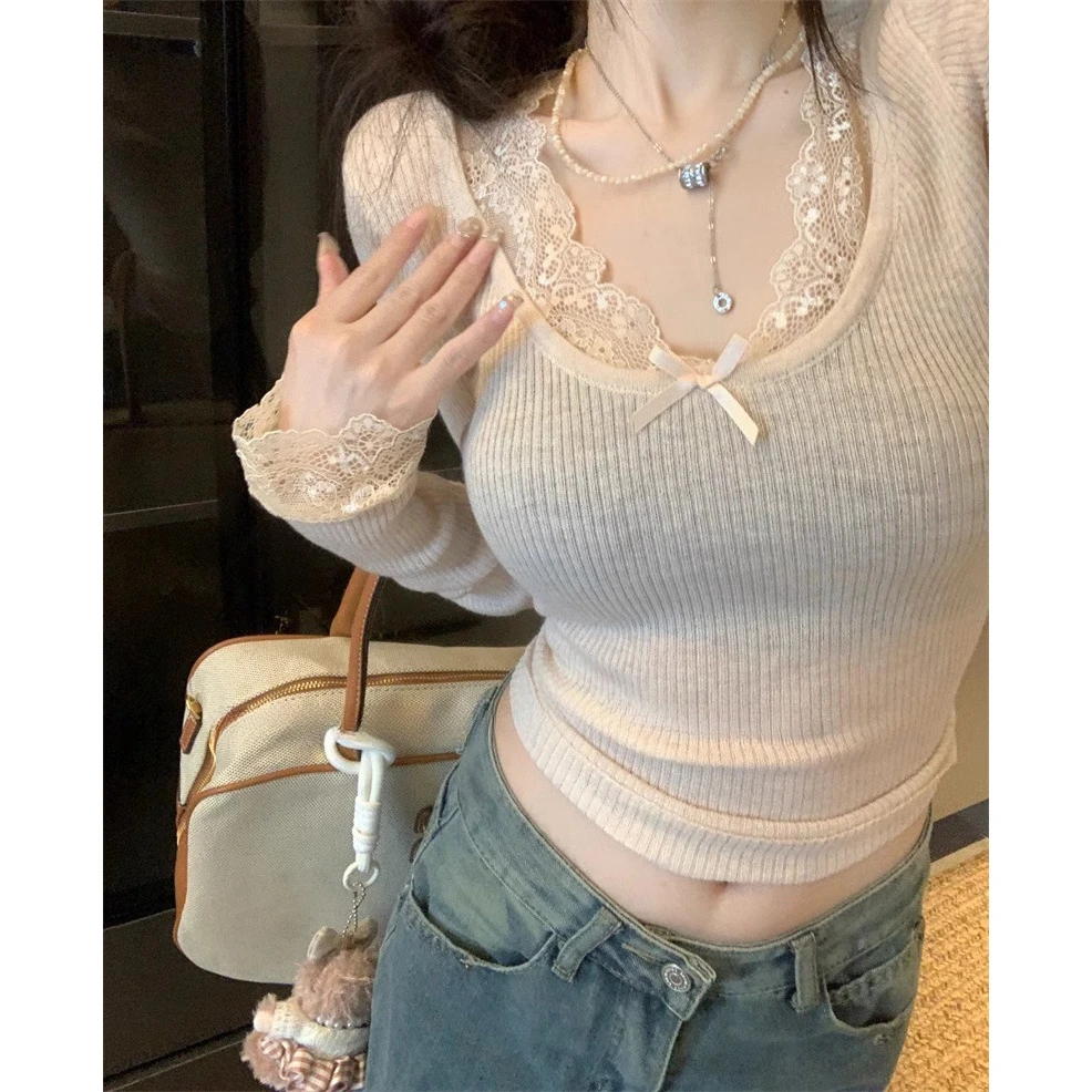 纯欲蕾丝拼接针织衫女秋冬新款长袖打底衫辣妹修身性感蕾丝打底