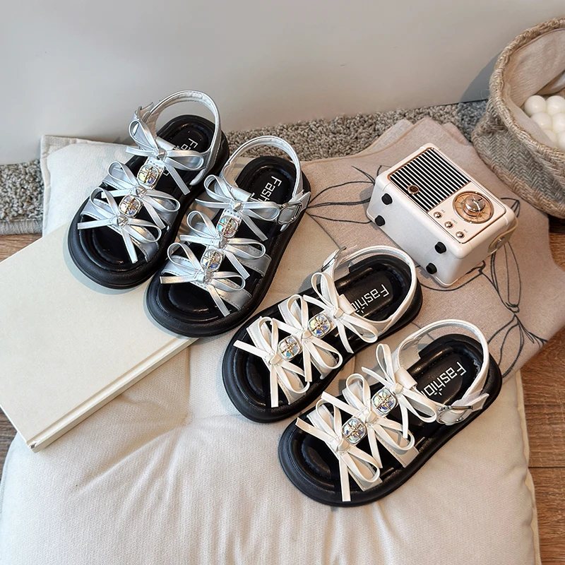 女童凉鞋儿童公主鞋子鞋蝴蝶结珍珠女童编织罗马凉鞋宝宝软底童鞋