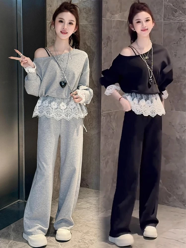 时尚套装女春季新款韩版百搭蕾丝拼接卫衣高腰显瘦直筒阔腿裤套装