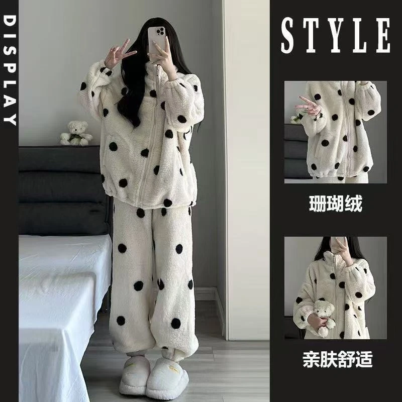 黑白波点时尚睡衣休闲舒棉绒家居服套装秋冬季宽松加厚女士