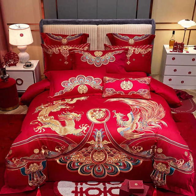 140支婚庆四件套大红棉龙凤结婚新婚房嫁棉刺绣高端喜被床品