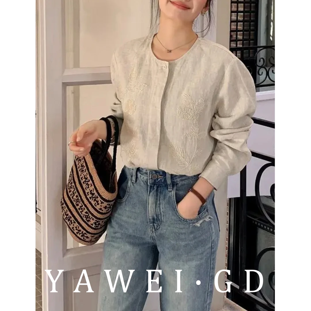 【袭人】重工花朵钉珠亚麻宽松衬衫外套CS83