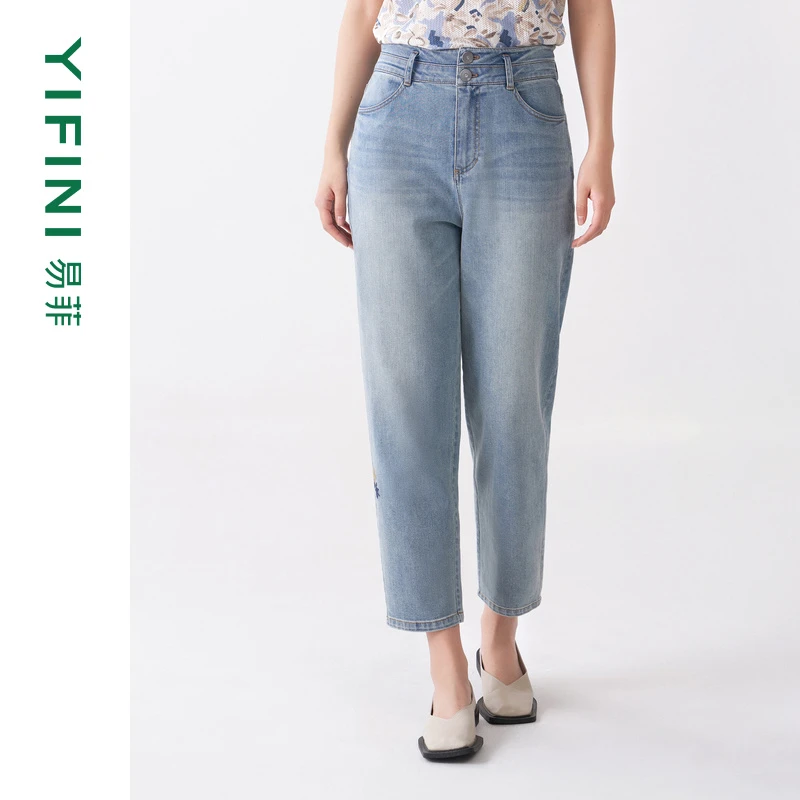 【Yifini】专柜同款蓝灰色绣花简约百搭锥型九分牛仔裤C07K1008
