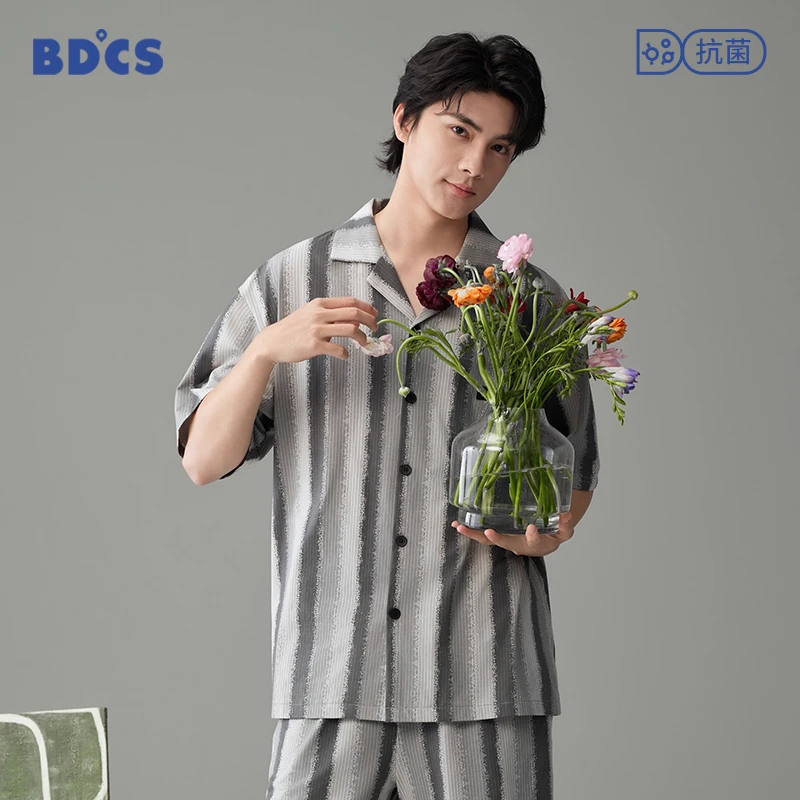 睡衣男夏季短袖条纹高级感男士可外穿大码薄款夏天纯棉家居服套装