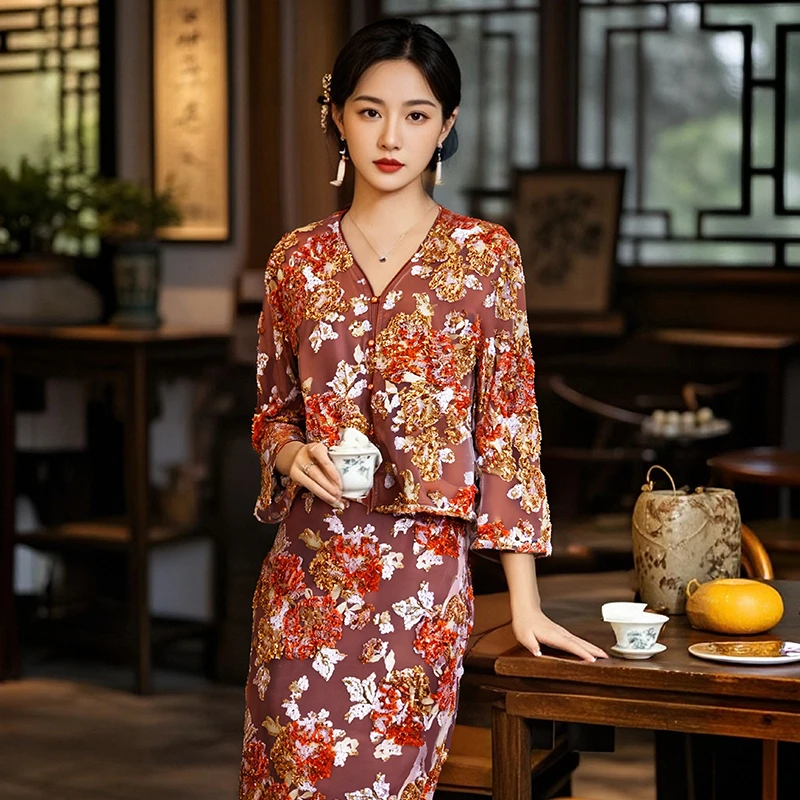 新中式中国风套装春季2025年新款重工亮片刺绣外套配半裙250057