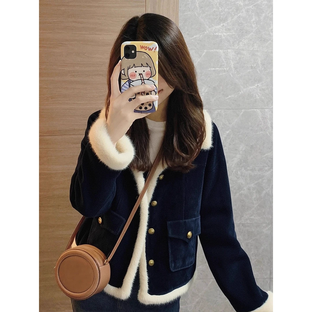 慵懒风韩版保暖外套女2025秋冬新款藏蓝色巨好看小香风气质上衣女