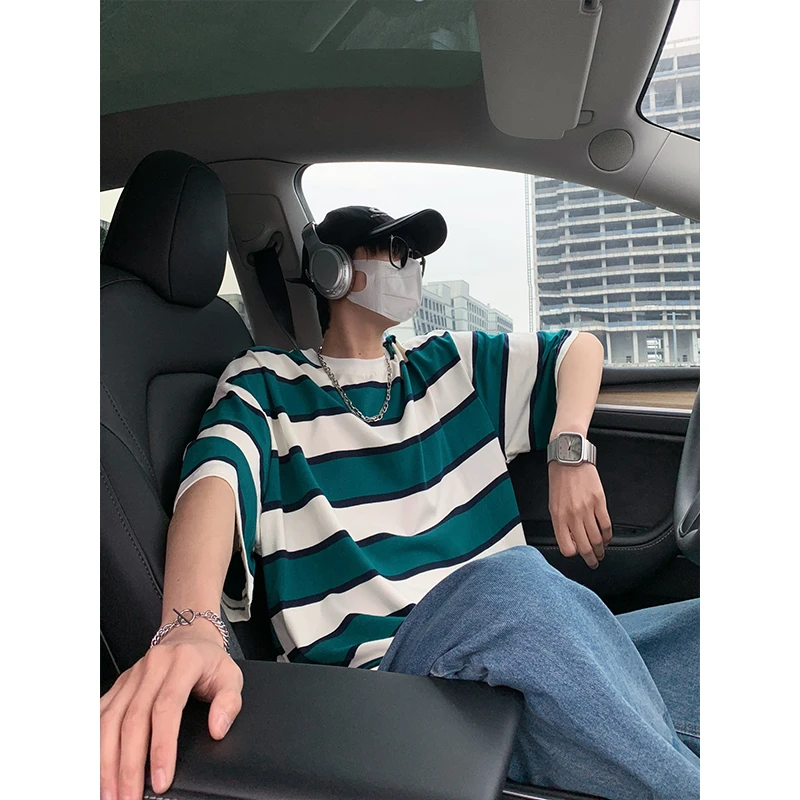 条纹短袖T恤男士夏季潮流宽松重磅五分袖美式复古半截袖圆领体恤