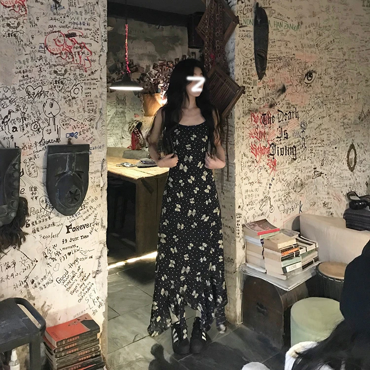 漫花追蝶 法式蝴蝶结印花吊带收腰鱼尾长裙气质早春新款连衣裙女