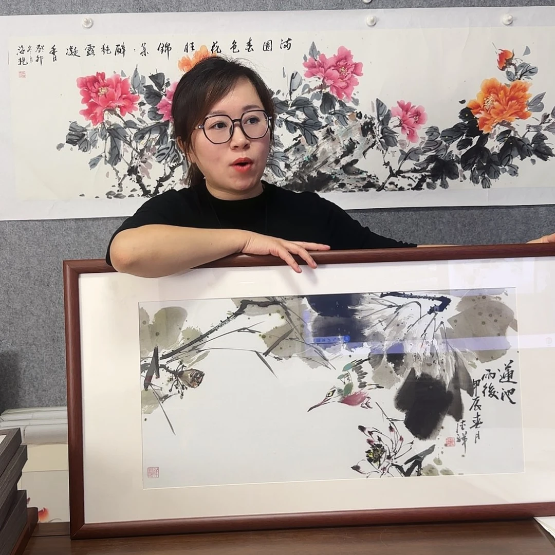 国画荷花 莲池雨后 50*95 实木框裱 纯手绘 孤品 年底福利