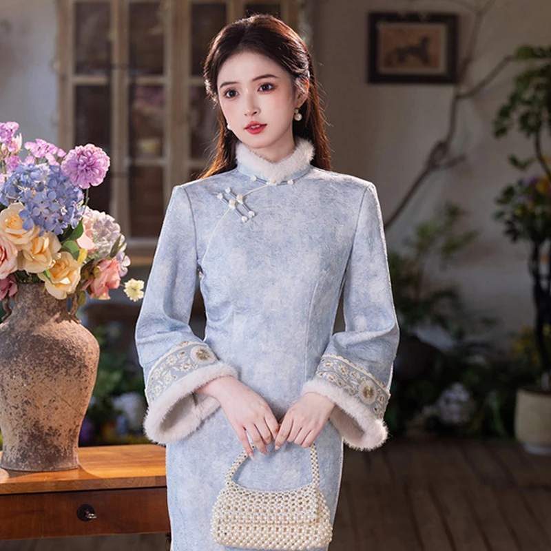 绝美新中式旗袍2025新款秋冬加绒加厚上海妈妈日常可穿改良连衣裙