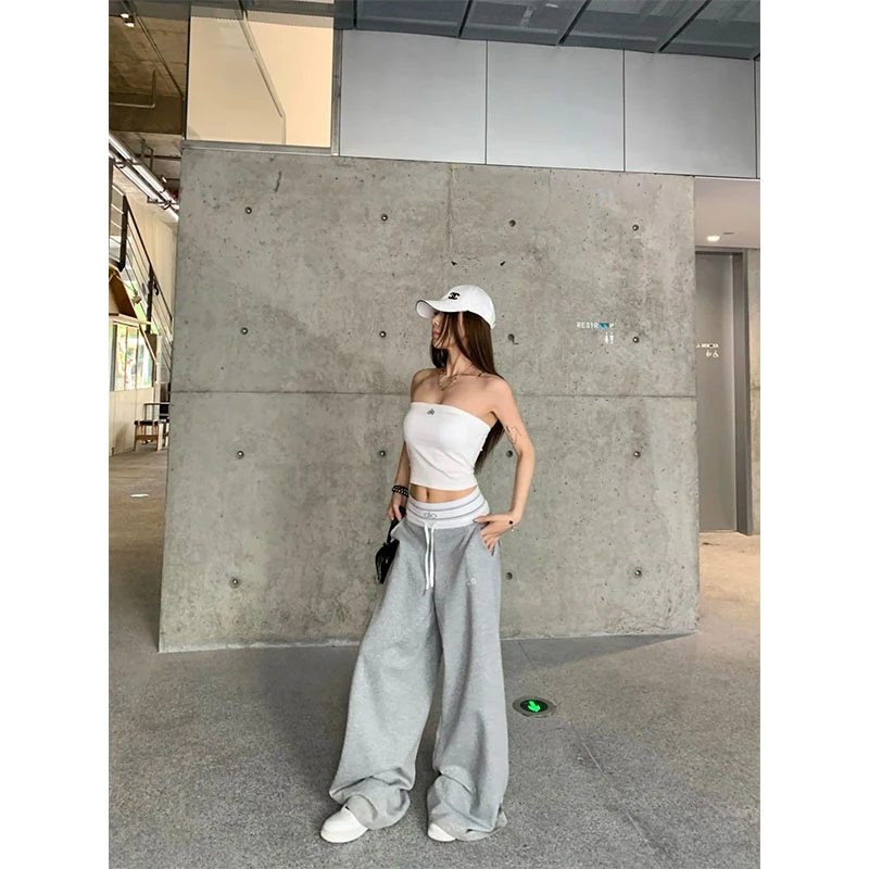 辣妹纯欲夏季新款2025高级感白色抹胸上衣高腰撞色休闲裤阔腿裤女