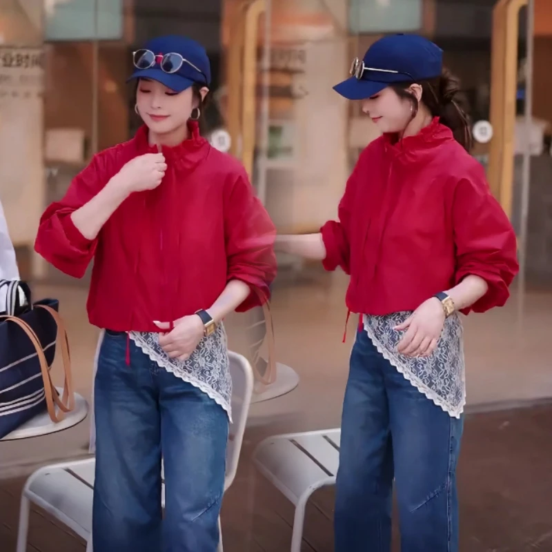 欧货时尚连帽防晒冲锋衣外套女春夏小个子薄款透气拉链开衫夹克潮