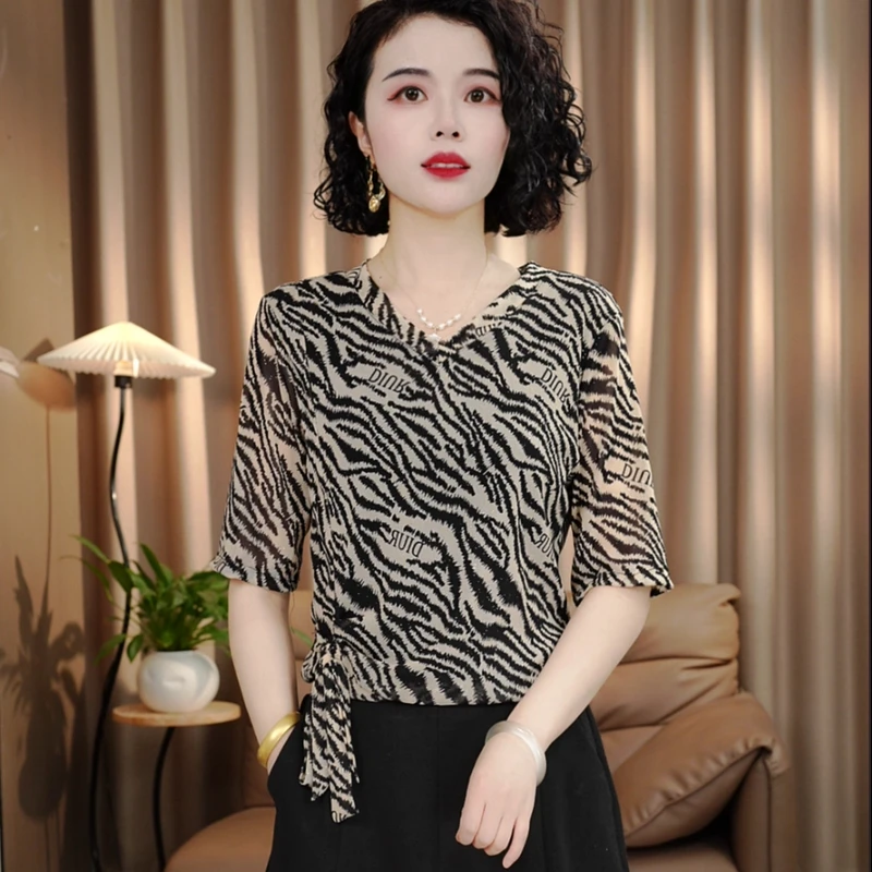 夏季时尚百搭飘带妈妈装女士气质小衫显瘦气质打底衫