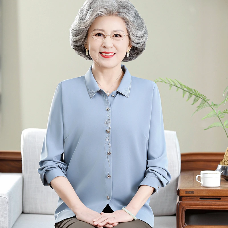 妈妈衬衫女长袖中老年女装夏装衬衣60岁70春秋薄上衣服老太太夏季